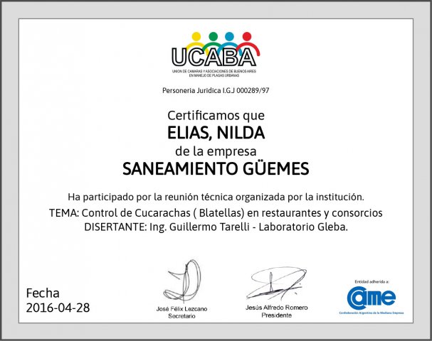 Certificado UCABA Cucarachas DA